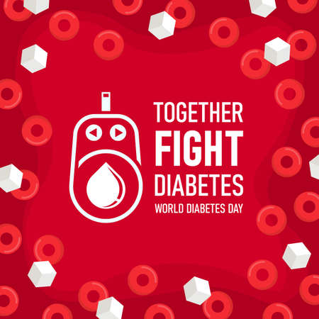 World diabetes day with together fight diabetes text and Diabetic Measures sign on red Blood Sugar Diabetes Level texture backgroundのイラスト素材