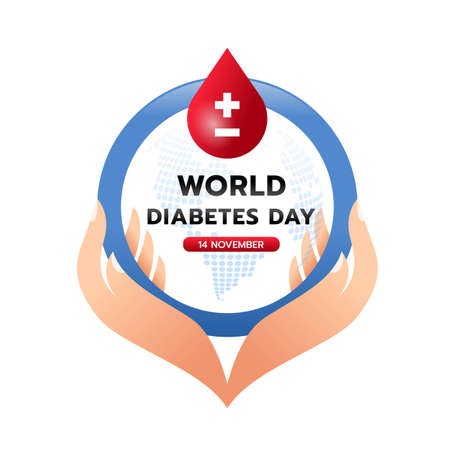 World diabetes day banner - hand hold blue circle ring with drop blood sign and abstract dot globe texture vector designのイラスト素材