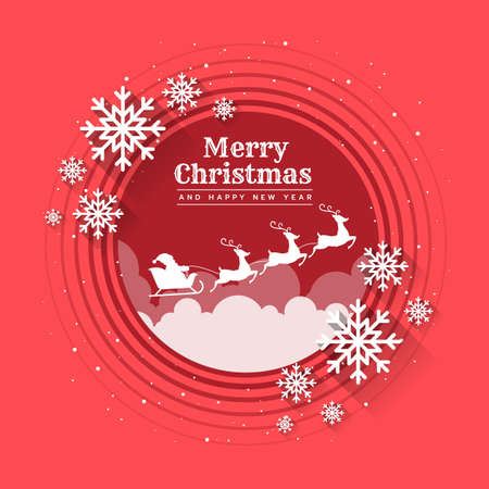 Merry christmas and the happy new year with santa and deer fly on night sky in red circle and white snow vector designのイラスト素材