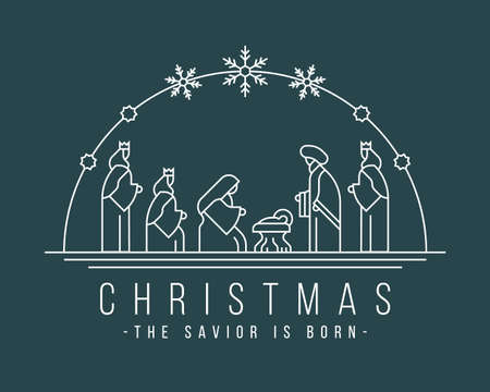 christmas ,the savior is born banner with white line Nativity of Jesus scene and Three wise men in the semicircle and snow signのイラスト素材