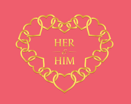 weding valentine banner - gold her and him text in gold heart chain frame on pink background vector designのイラスト素材