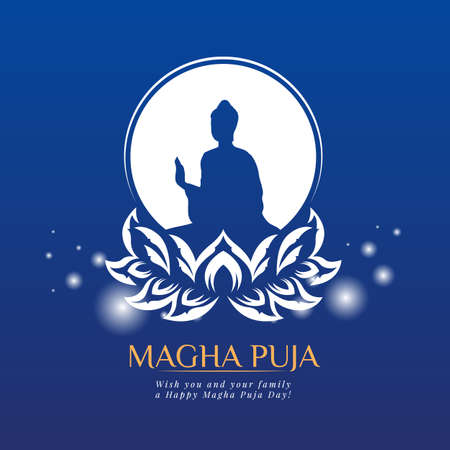 Magha puja day banner with white The Buddha in circle on lotus sign and circle light on blue background vector designのイラスト素材