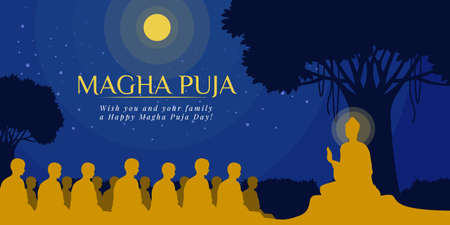 Magha puja day banner with Nightly scenery The Buddha giving a discourse on the full moon night vector designのイラスト素材