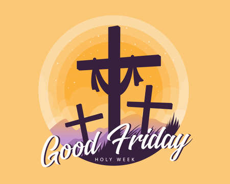 good friday, holy week text and crucifix on Grass hill in circle yellow sunset vector designのイラスト素材