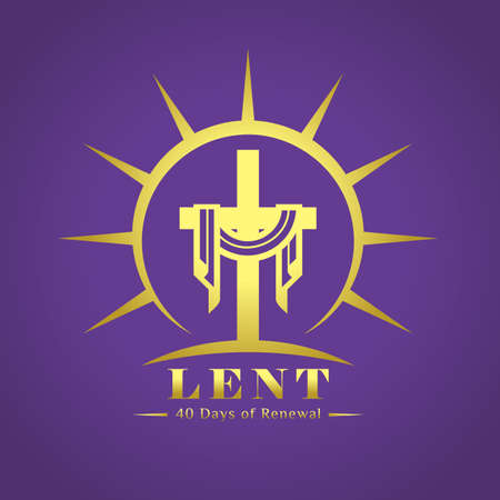 Lent, 40 days of renewal word under  gold lent cross in circle sunset sign on purple background vector Designのイラスト素材