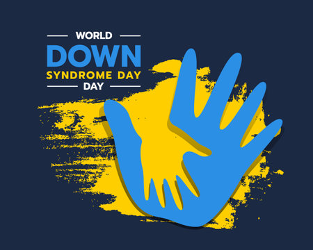 world down syndrome day - blue adult and child hands sign on yellow ink brush background vector designのイラスト素材