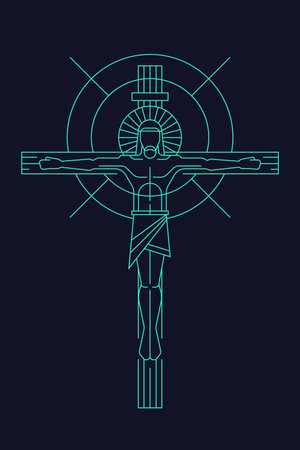 Abstract light green line Jesus Christ Crucified On The Cross and dark background Vector illustration designのイラスト素材