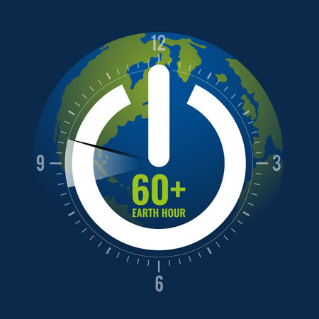 60plus Earth hour - white shutdown sign and circle time scale clock with pin 8.30 PM to 9.30 PM on global word background vector designのイラスト素材