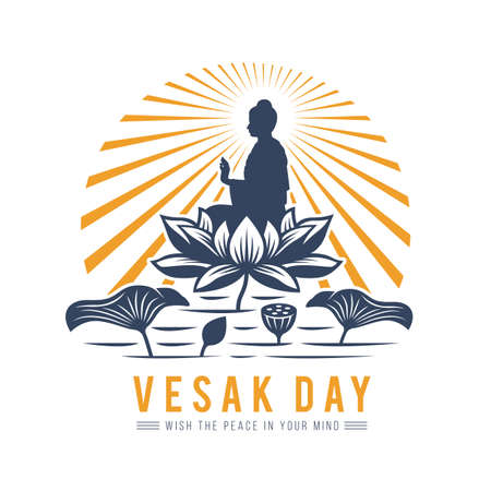 Vesak day banner with The Lord Buddha meditated on Big lotus in river and radiance vector designのイラスト素材