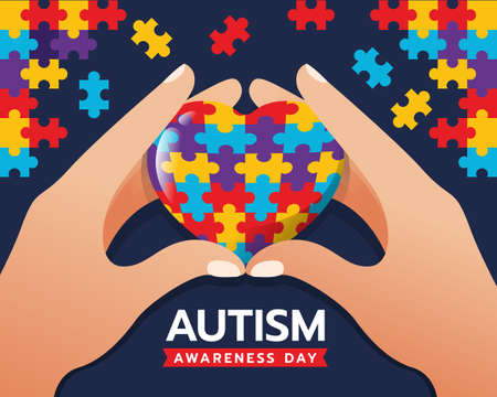 Wolrd Autism Awareness Day banner with Hands hold care colorflu puzzle heart vector designのイラスト素材