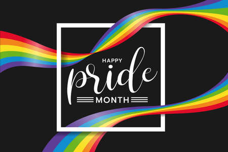 Happy pride month text word in white Square frame and rainbow flag wave around on black background vector designのイラスト素材