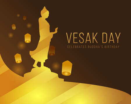 Vesak day with light gold Buddha statue stood and raised his hand Sign and sky lanterns on dark brown background vector designのイラスト素材