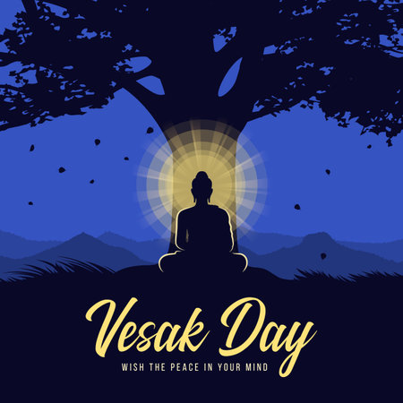 Vesak day - Silhouette The Lord Buddha meditated with radiance light under Bodhi trees at night timeのイラスト素材