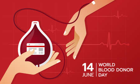 world blood donor day - The donated blood is taken from the donor's arm into drop-shaped blood bagのイラスト素材