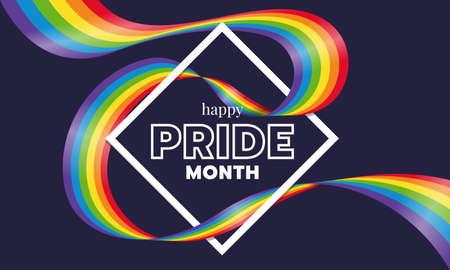 Happy pride month text word in diamond Square frame and rainbow gay pride flag waveのイラスト素材