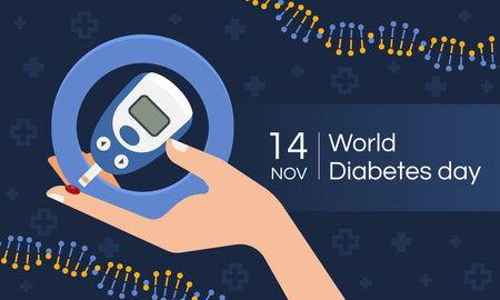 World diabetes day with hand hold Glucose testing blood tool in blue circle on dark blue cross sign texture and dna sign background vector designのイラスト素材