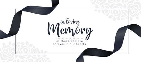 In loving memory of those who are forever in our hearts text and black ribbon roll wave around frame on white rose texture background vector designのイラスト素材