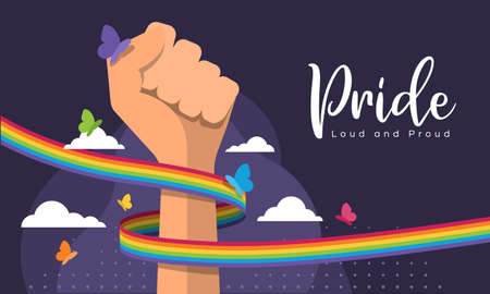 pride, loud and proud text - rainbow pride ribbon around hand fight and butterfly flying on dark purple background vector designのイラスト素材