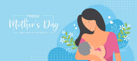 Happy mother day with Mom Breastfeeding baby and flower on soft blue background vector designのイラスト素材