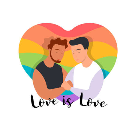 Love is love - Homosexual gay couple and the heart rainbow background of the LGBT community flag vector designのイラスト素材