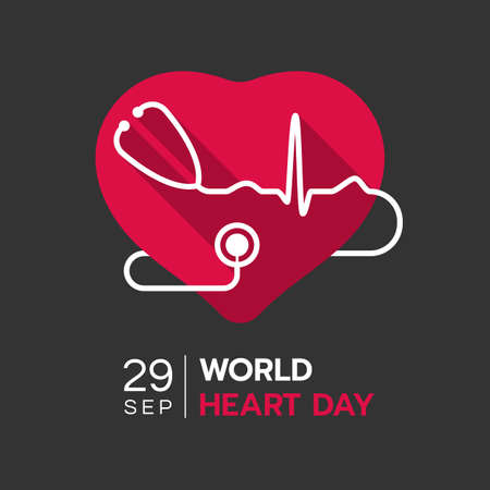 world heart day banner - white Stethoscope with line are heart wave around red heart sign on black...