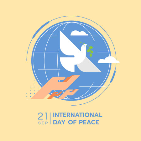 International day of peace - hands are letting the dove of peace to fly on blue circle world on yellow background modern flat style vector Designのイラスト素材
