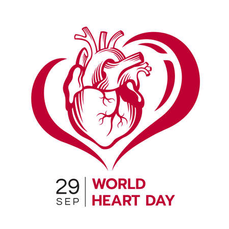 world heart day banner - abstract drawing red human heart in line heart shape sign vector designのイラスト素材