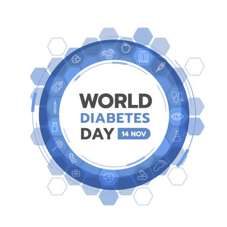 world diabetes day banner - abstract ring blue sign with icon of Medical devices and drugs related to diabetes around on hexagon modern science texture background vector design.のイラスト素材