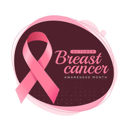 October Breast cancer awareness month text and pink ribbon sign on abstract brown circle banner background vector Design.のイラスト素材