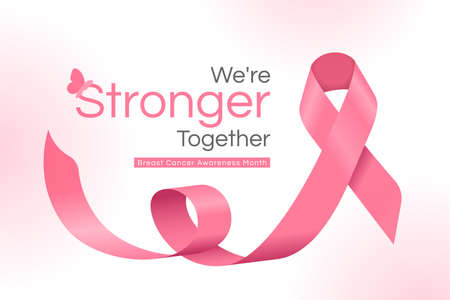 We are stronger together, Breast cancer awareness month text and pink ribbon rolling wave vector Designのイラスト素材