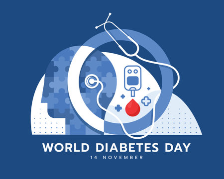 world diabetes day banner - drop blood Blood, Glucose Meter, cross plus in blue circle ring with stethoscope medical around and human head jigsaw on blue background vector designのイラスト素材