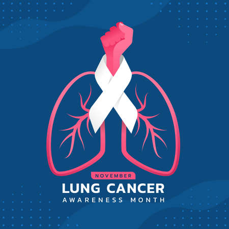 November, Lung cancer awareness month banner - white ribbon around Raised Hand and pink drawing line lung symbol on blue background vector designのイラスト素材