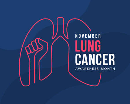 November Lung cancer awareness month text and pink line lung with Raised Hand symbol on dark blue curve texture background vector designのイラスト素材