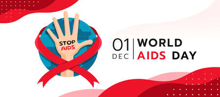 World aids day - hand with stop aids text in circle world globe with red ribbon roll around and...