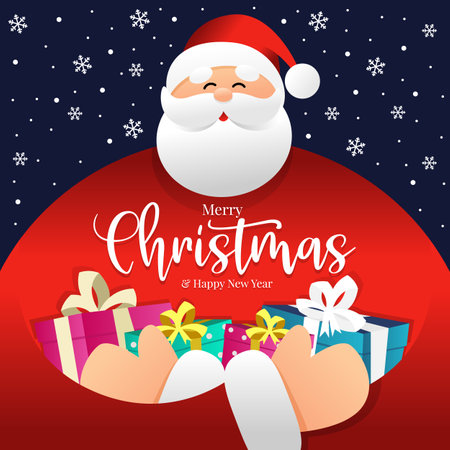 Merry christmas and happy new year banner with Big kind Santa Claus hold gifts on snow fall vector designのイラスト素材