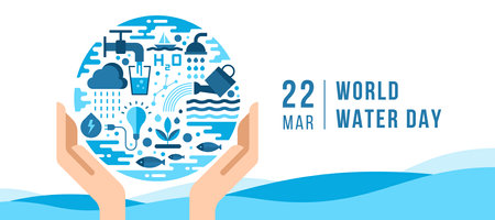 World water day banner - hands hold circle world sign with the many icons on the topic of water vector designのイラスト素材
