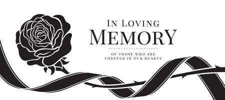 In loving memory of those who are forever in our hearts text and black flag ribbon roll around Single Rose Flower vector designのイラスト素材