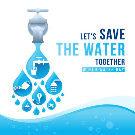 world water day banner  - Let's save the water together text and Blue drops water with white icons about the topic of water falling from the tap vector designのイラスト素材