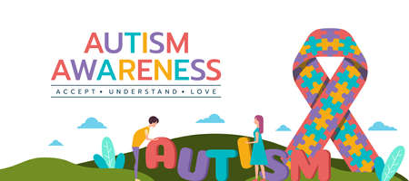 Autism Awareness Day banner - children are working together to arrange the word AUTISM and have Puzzle ribbon sign vector designのイラスト素材