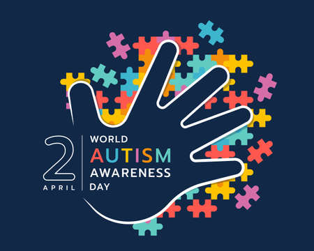 Wolrd Autism Awareness Day - white line hand sign and text on abstract colorful puzzle on dark blue background vector designのイラスト素材