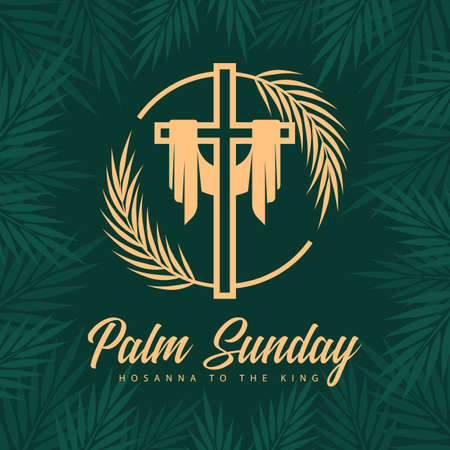 Palm sunday - gold cross crucifix sign with two plam leaves circle around on dark green palm leaves texture frame and background vector designのイラスト素材