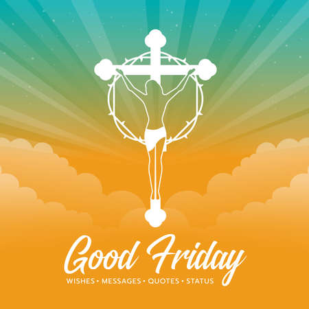 Good friday - white Jesus Christ Crucified On The Cross sign on orange green sunset for good friday sky background vector illustration designのイラスト素材