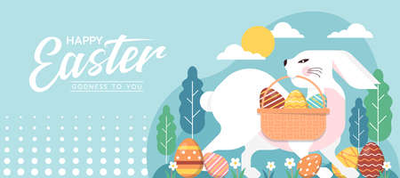 Happy easter day - A big white rabbit carries a basket with Easter eggs and Easter eggs on the ground vector designのイラスト素材