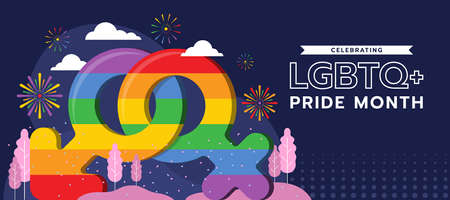 Celebrating LGBTQ+ pride month_- large rainbow male sign cross rainbow female sign and firework around on dark purple background vector designのイラスト素材