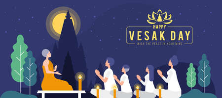 Happy vesak day or buddha purnima - A Buddhist family sits and listens to a sermon from a monk on a full moon night vector designのイラスト素材
