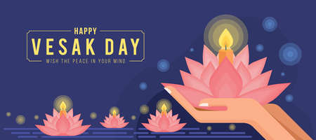 Happy vesak day or buddha purnima - hand holding pink lotus with candle light to float on the river to remember the Buddha vector designのイラスト素材