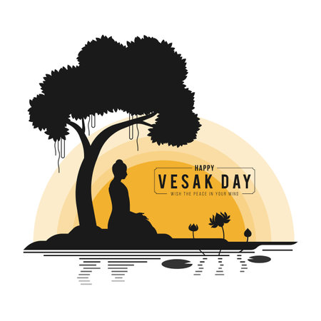 Happy vesak day or buddha purnima - scenery Buddha Meditation under bodhi tree near the river with lotus flowers vector designのイラスト素材