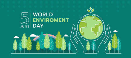world environment day - abstract white line hand hold care globe world with tree sapling and forest,...