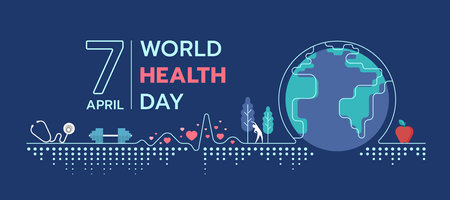 world health day - heart beat wave line connect to globe world with hearts symbol, stethoscope, dumbbell, exercise person and apple around and abstract dot on blue background vector designのイラスト素材