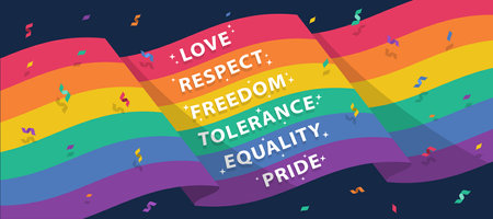 love, respect, freedom, tolerance equality and pride text on waving rainbow pride flag and ribbon...